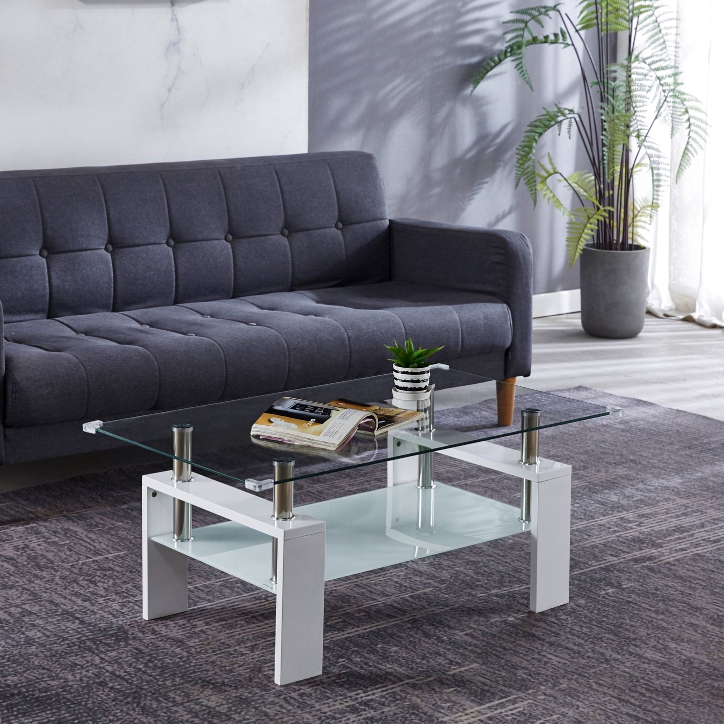 Rectangular Coffee Table - 10mm Beveled Tempered Glass with Stylish MDF Finish