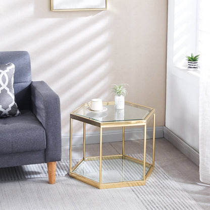 Modern Hexagon Coffee Table with Tempered Glass & Stainless Steel - Gold/Silver Finish