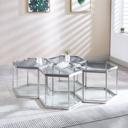 Modern Hexagon Coffee Table with Tempered Glass & Stainless Steel - Gold/Silver Finish