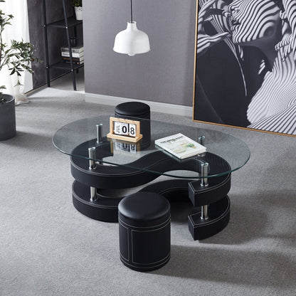 Stylish Oval Coffee Table Set with Tempered Glass & Round Stools