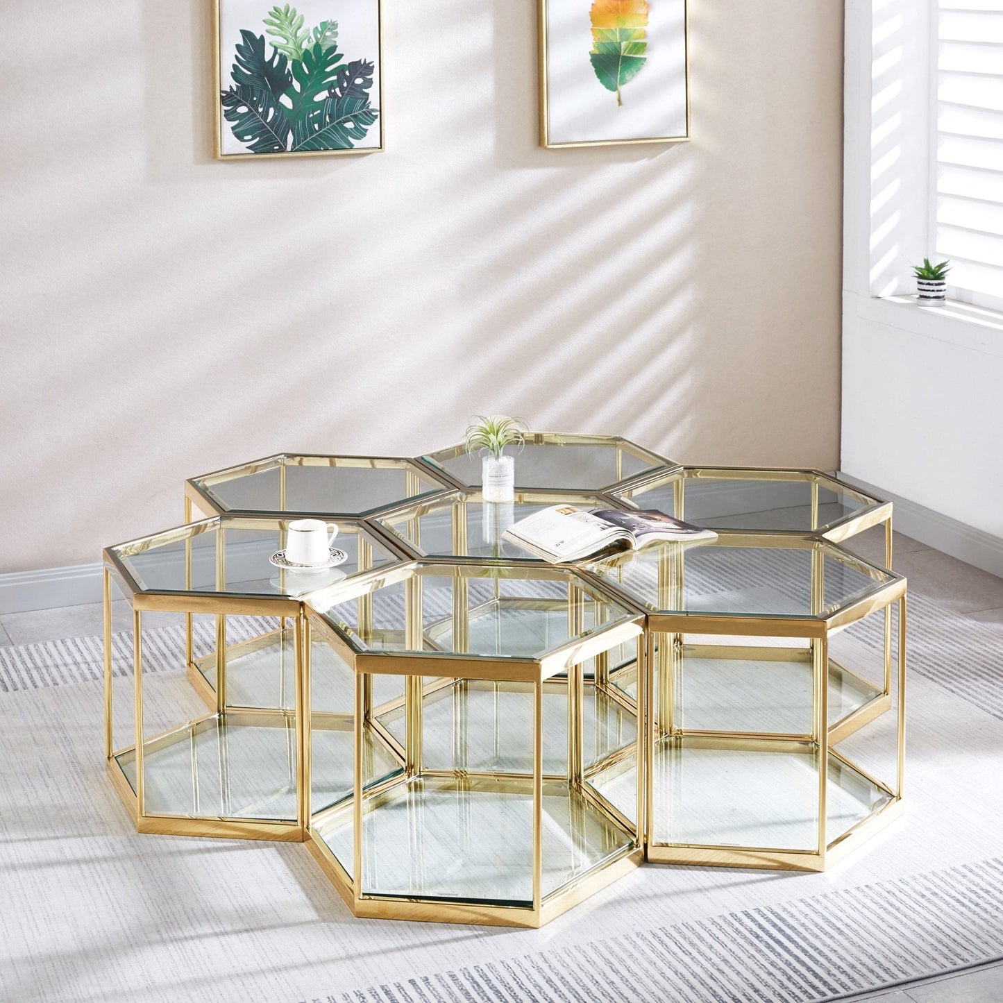 Modern Hexagon Coffee Table with Tempered Glass & Stainless Steel - Gold/Silver Finish