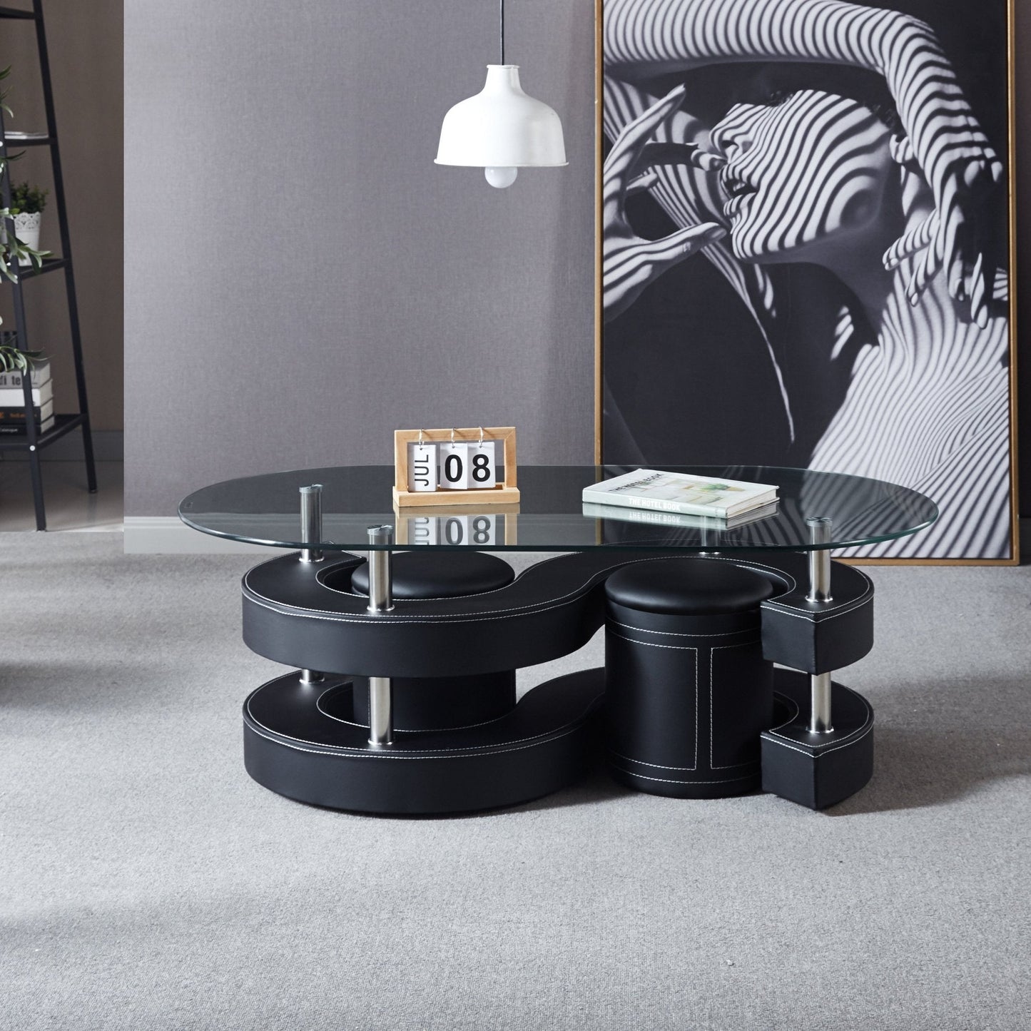 Stylish Oval Coffee Table Set with Tempered Glass & Round Stools