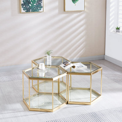 Modern Hexagon Coffee Table with Tempered Glass & Stainless Steel - Gold/Silver Finish