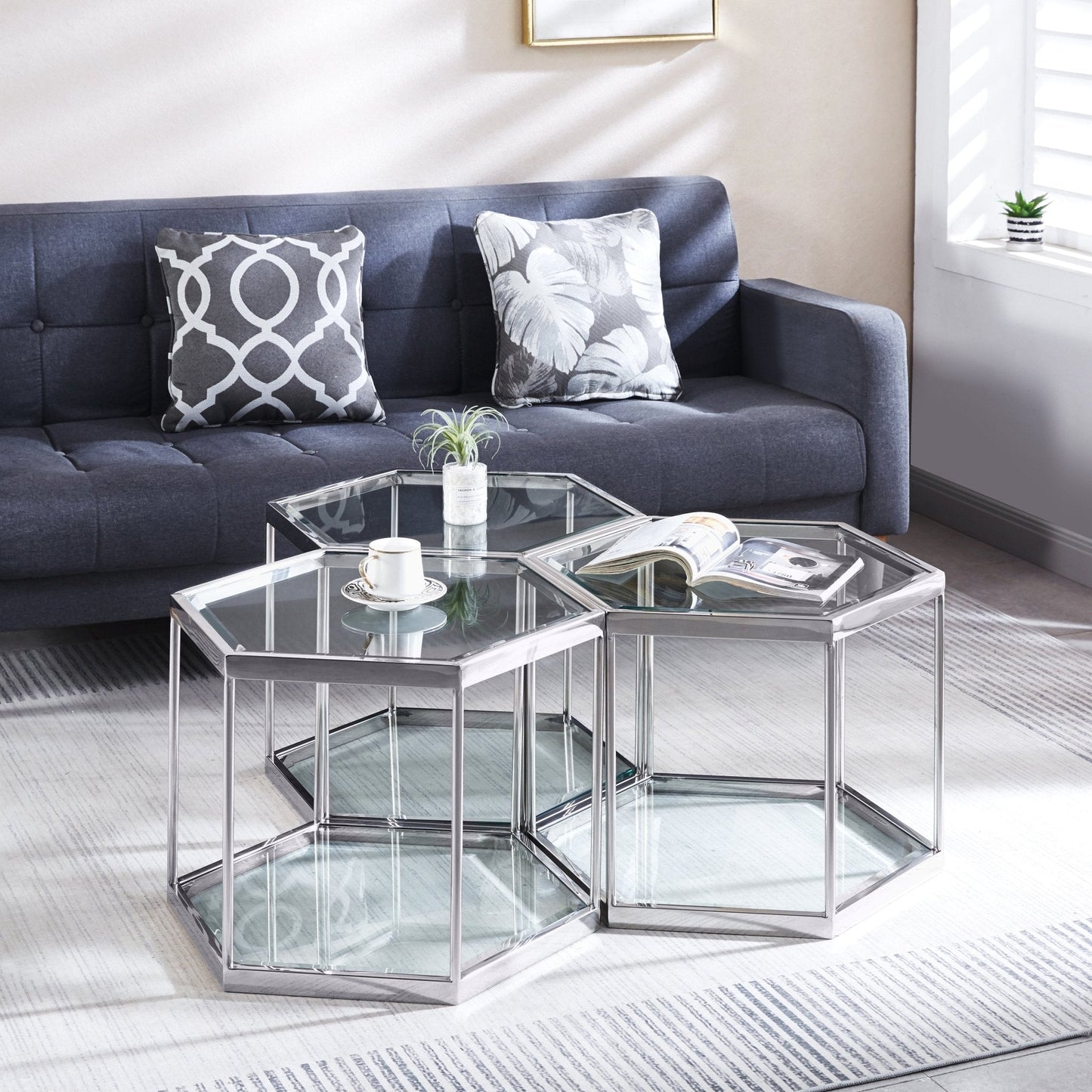 Modern Hexagon Coffee Table with Tempered Glass & Stainless Steel - Gold/Silver Finish