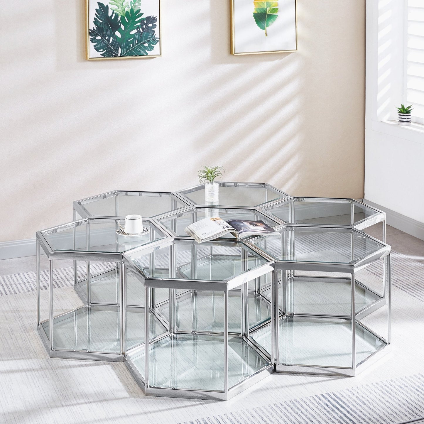 Modern Hexagon Coffee Table with Tempered Glass & Stainless Steel - Gold/Silver Finish