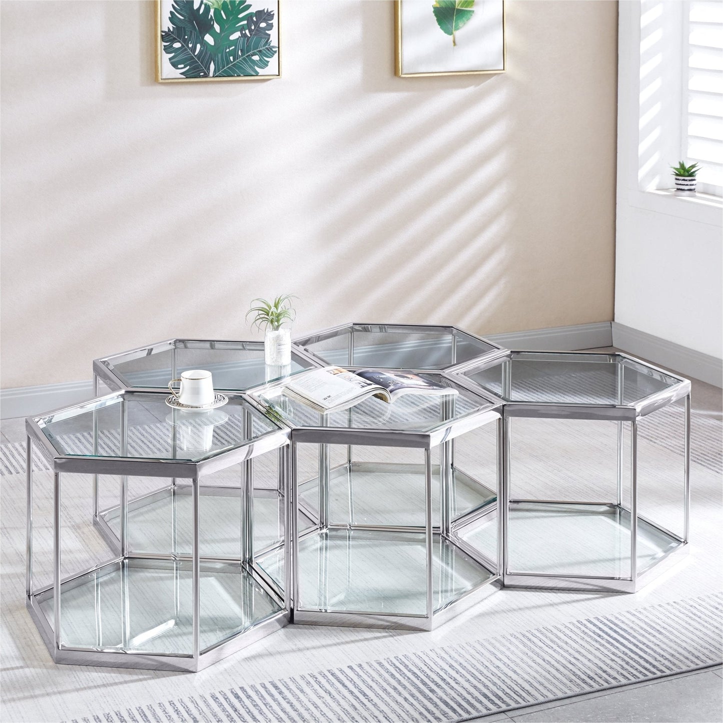 Modern Hexagon Coffee Table with Tempered Glass & Stainless Steel - Gold/Silver Finish