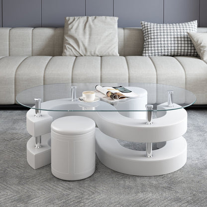 Stylish Oval Coffee Table Set with Tempered Glass & Round Stools