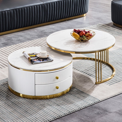 Elegant 2-Piece Coffee Table Set with White Sintered Stone Top & Gold Stainless Steel Base - Large & Small Sizes