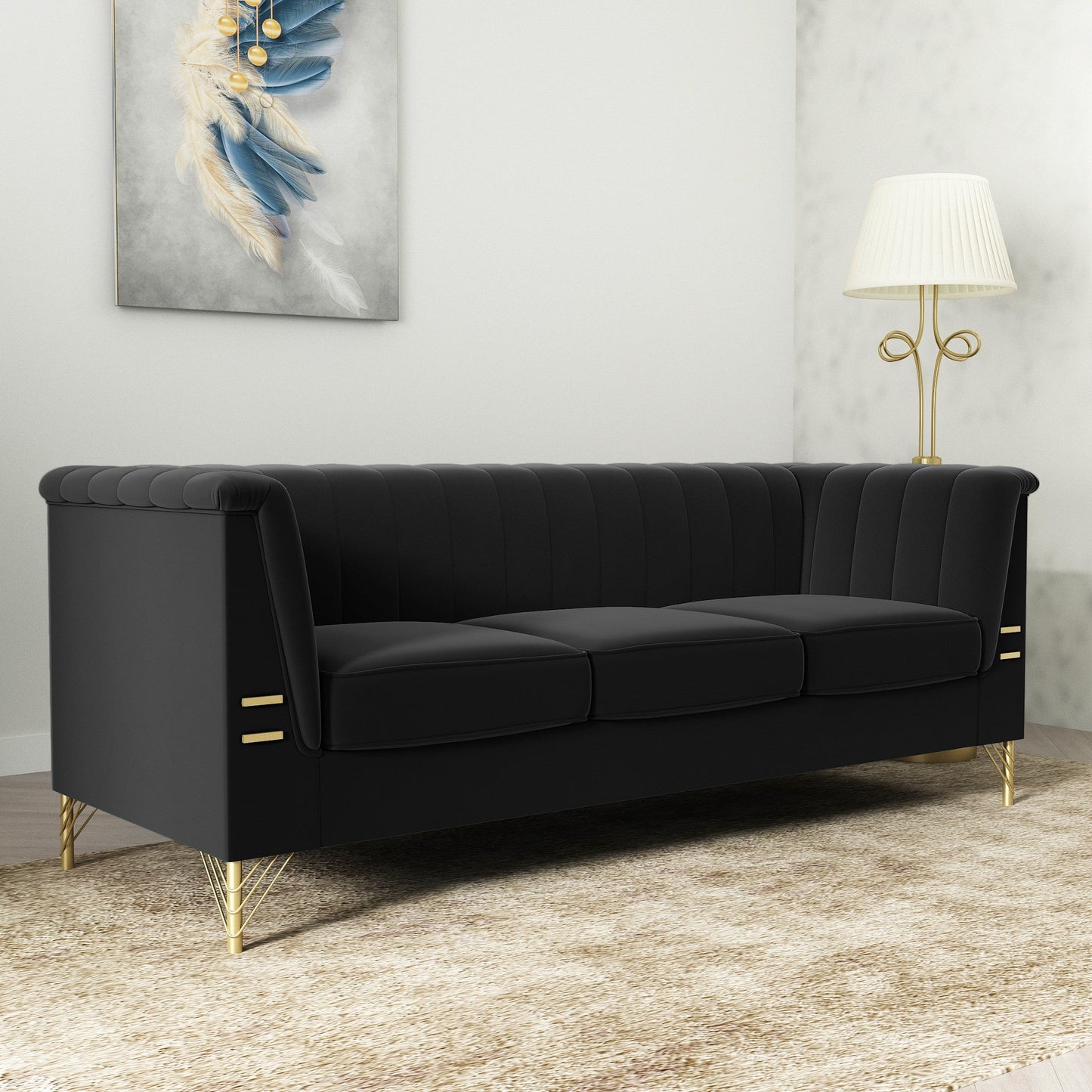 Luxurious Velvet Upholstered Sofa - Stylish Design with Gold Finish