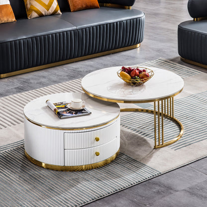 Elegant 2-Piece Coffee Table Set with White Sintered Stone Top & Gold Stainless Steel Base - Large & Small Sizes