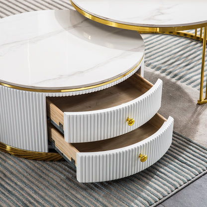 Elegant 2-Piece Coffee Table Set with White Sintered Stone Top & Gold Stainless Steel Base - Large & Small Sizes