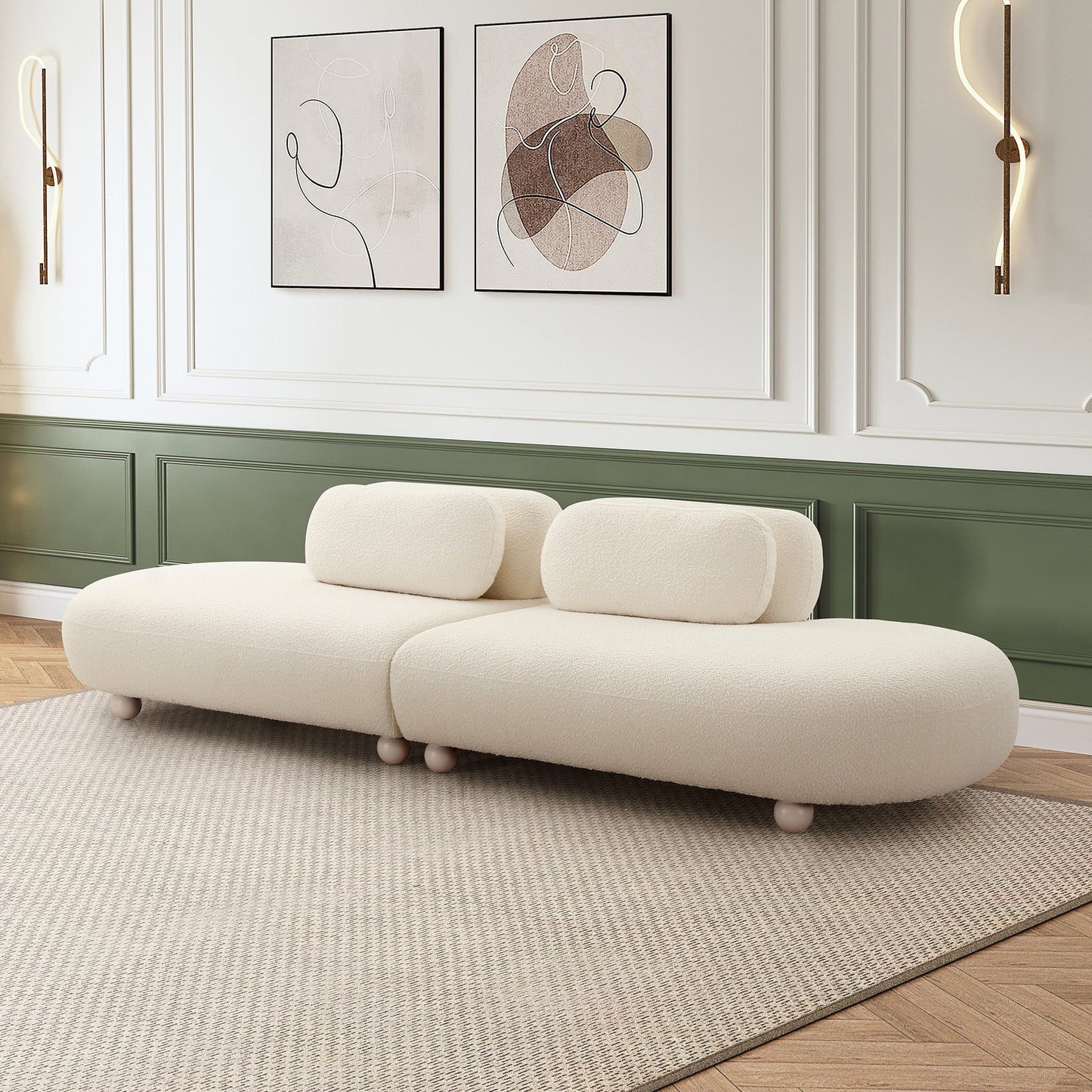 Elegant Modular Sofa in White Boucle - 100% Polyester with Birch Wood Legs