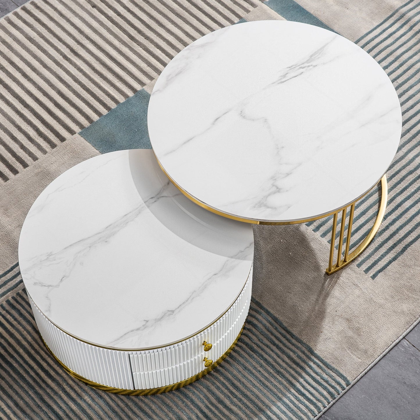 Elegant 2-Piece Coffee Table Set with White Sintered Stone Top & Gold Stainless Steel Base - Large & Small Sizes