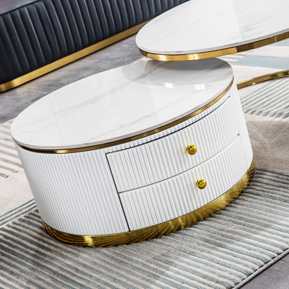 Elegant 2-Piece Coffee Table Set with White Sintered Stone Top & Gold Stainless Steel Base - Large & Small Sizes