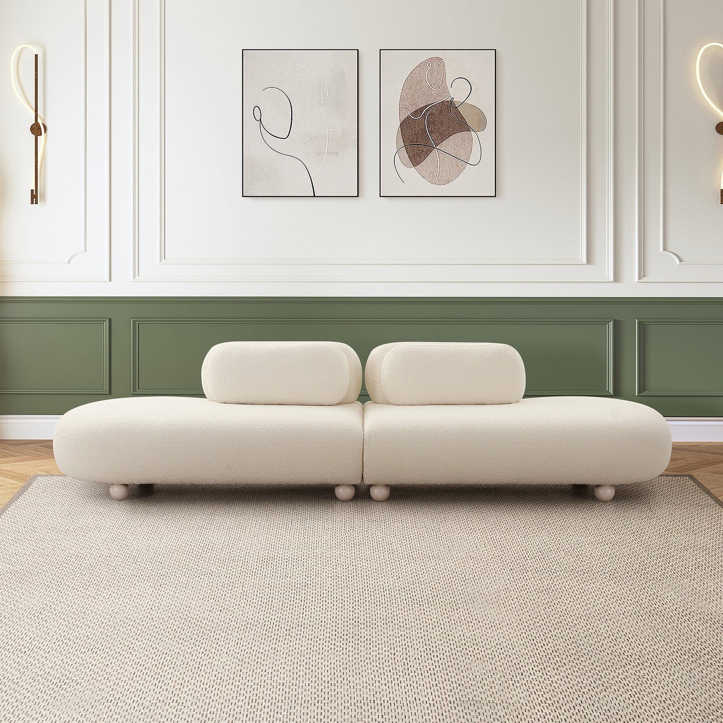 Elegant Modular Sofa in White Boucle - 100% Polyester with Birch Wood Legs