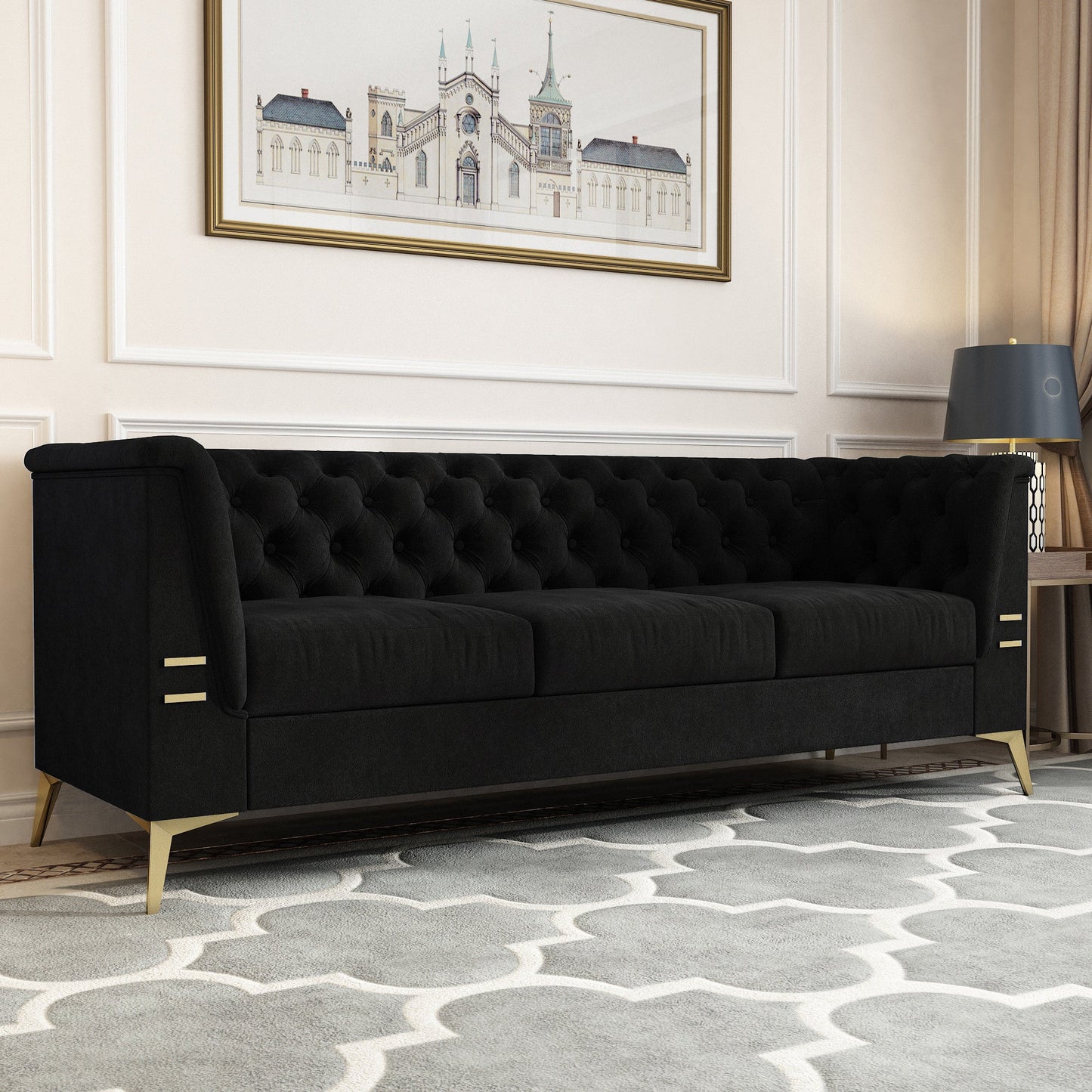 Elegant Velvet Upholstered Sofa - Durable Design with Gold Finish