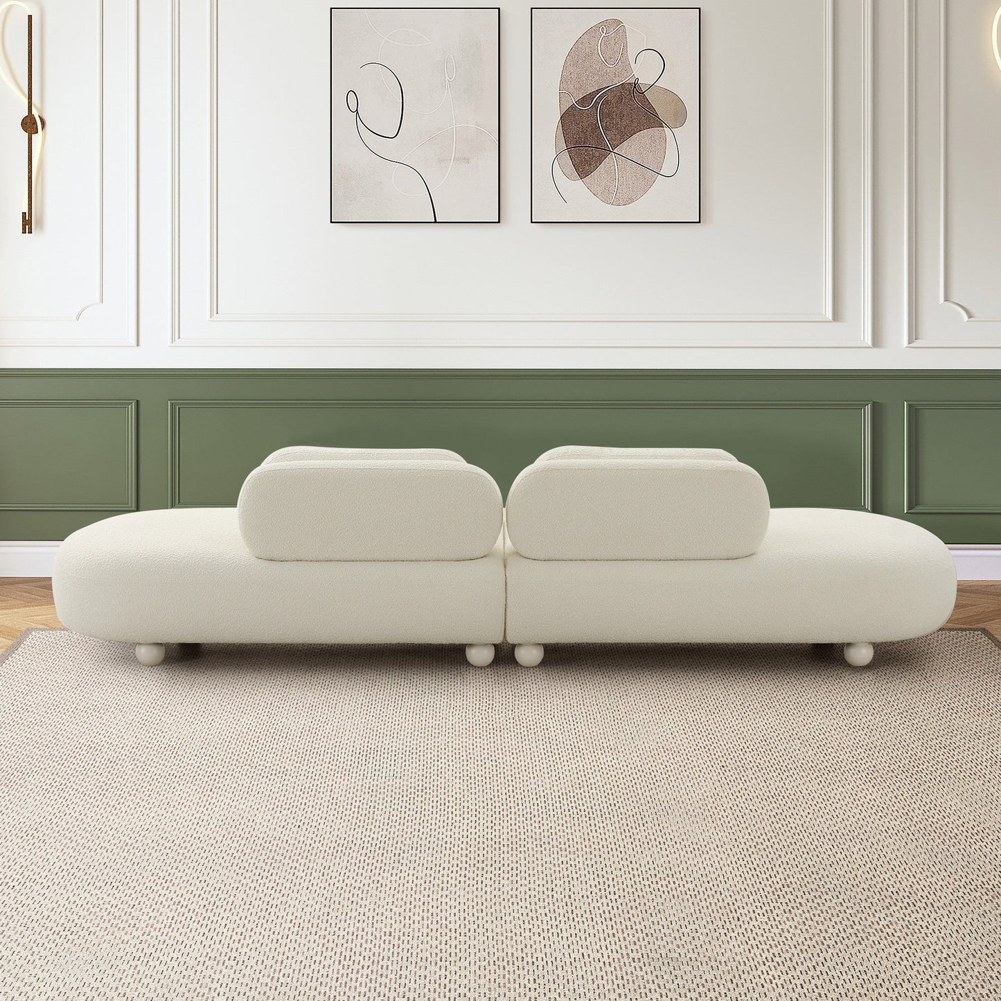 Elegant Modular Sofa in White Boucle - 100% Polyester with Birch Wood Legs