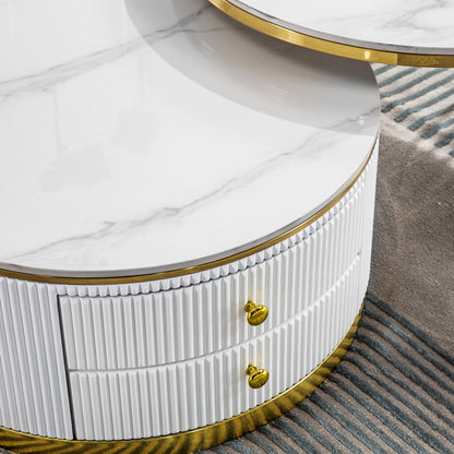 Elegant 2-Piece Coffee Table Set with White Sintered Stone Top & Gold Stainless Steel Base - Large & Small Sizes