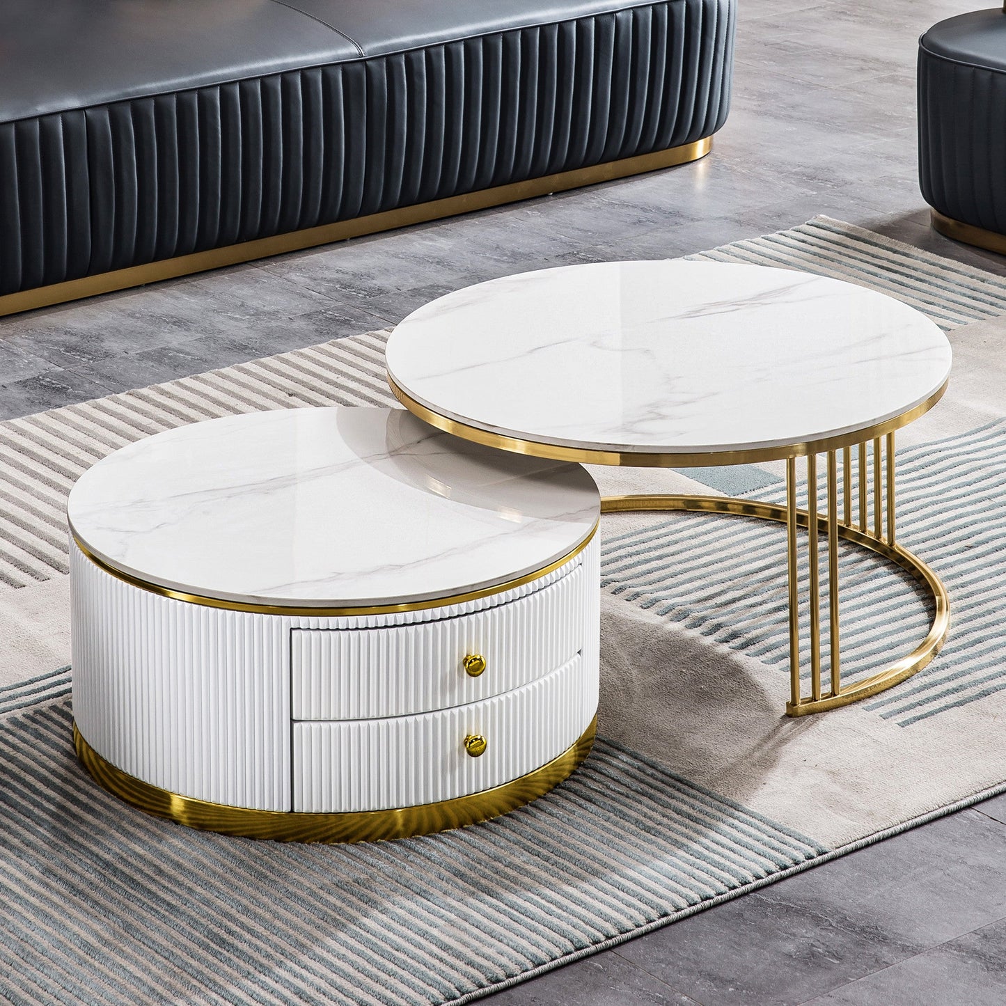 Elegant 2-Piece Coffee Table Set with White Sintered Stone Top & Gold Stainless Steel Base - Large & Small Sizes