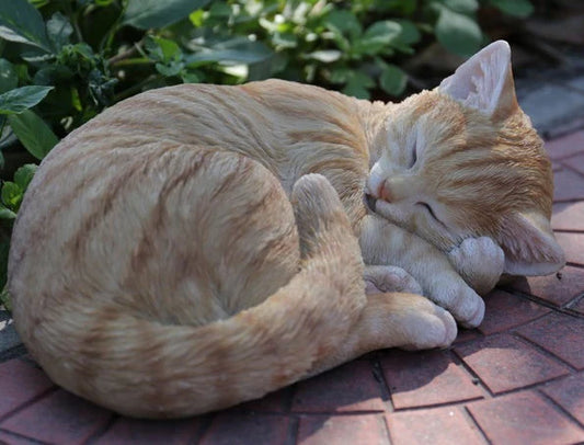 Orange Tabby Cat Sleeping Figurine - Durable Polyresin Statue for Home & Garden Decor