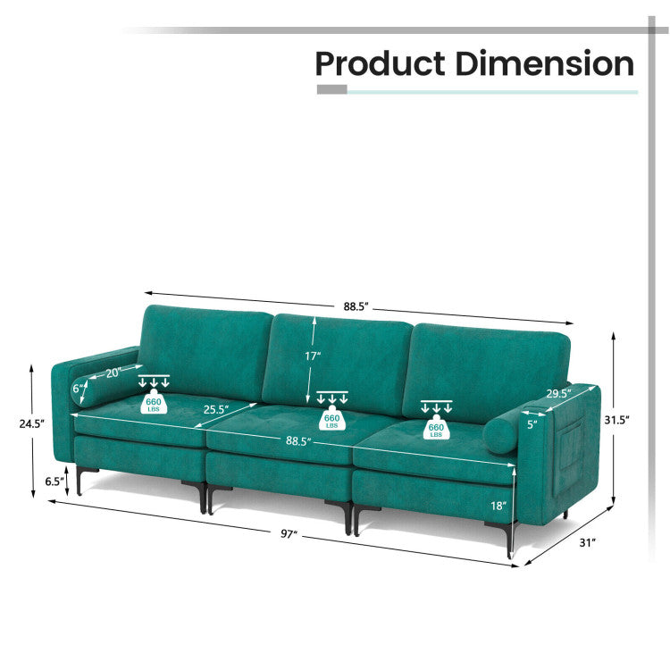 3-Seat Sectional Sofa with Side Storage Pocket and Sleek Metal Legs